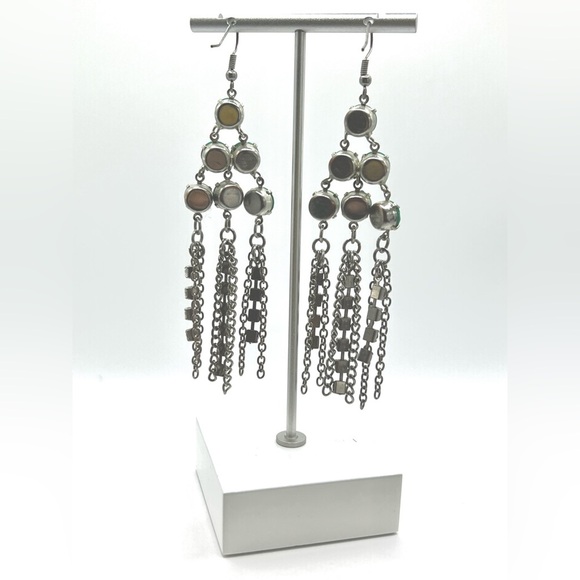 Fashion Silver Plated Turquoise Blue and Clear Gemstone Long Dangle Earrings - Picture 3 of 3